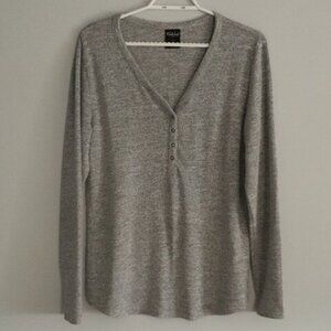 Women's Large Grey V-Neck Buttoned Long Sleeve Stretch Lounge Top